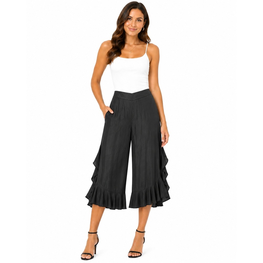 Anthropologie Elevenses Black Cupro Viscose Ruffle Hem Wide Leg Crop Pants Sz 4